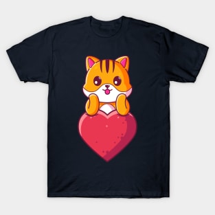 Cute cat with big love. Gift for valentine's day with cute animal character illustration. T-Shirt